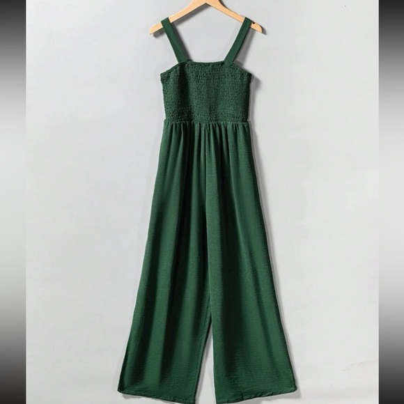 Boho Smocked Cami Top Wide Leg Pants Jumpsuit Green - Picture 4 of 11